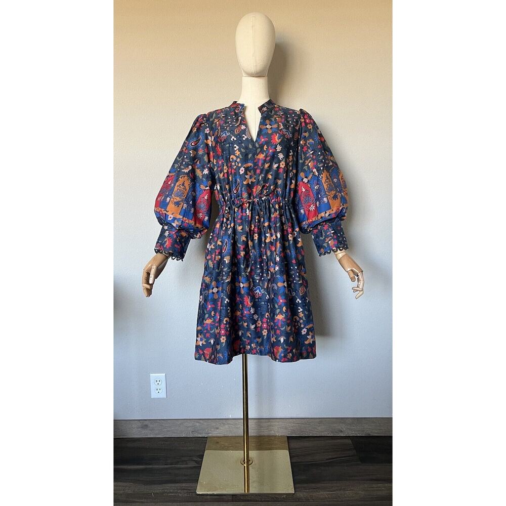 EMILY LOVELOCK Sz Large NOUREEN DRESS MIDNIGHT BLUE Puff Sleeve Cotton